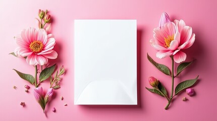 blank white card with pink rose flowers on pastel background