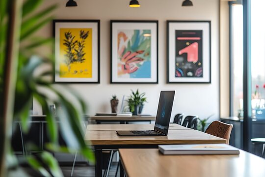 Laptop on desk in bright office space with framed art, creating a modern and creative workplace environment for productivity