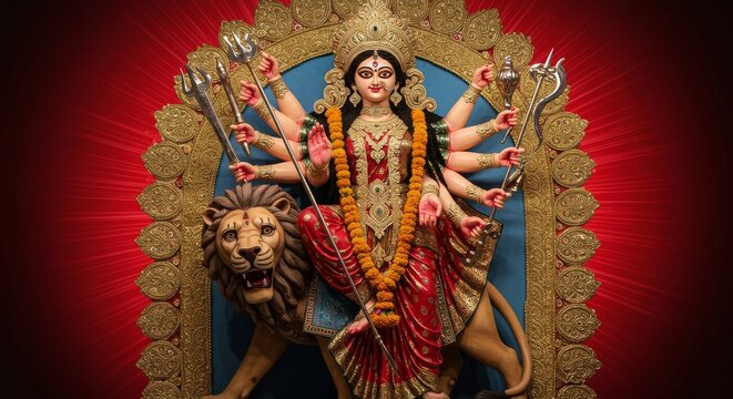 Goddess Durga idol with ten arms and lion, decorated with marigolds, on red-to-gold gradient