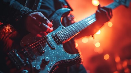 Obraz premium Intense live performance of a musician passionately playing electric guitar under vibrant stage lights