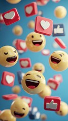 Playful digital illustration of emojis with smiling faces love hearts and thumbs up icons floating in vibrant blue background