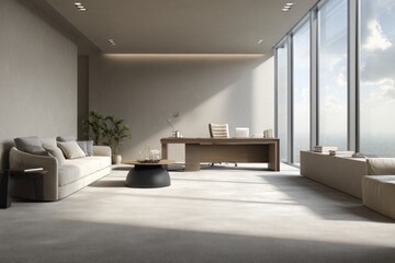 Modern Minimalist Office Interior with Large Windows Bright Natural Light Neutral Tones
