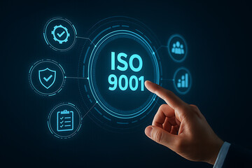 Businessman interacting with digital screen displaying ISO 9001 Quality Management System, ISO 9001 certified businesses, ISO certification, quality management system, digital compliance interface, 