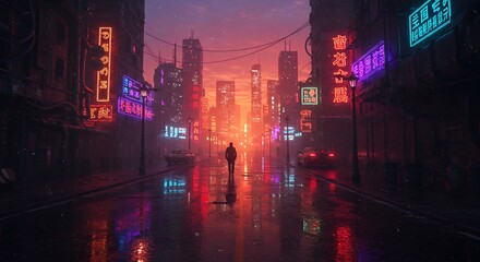 Obraz premium Silhouette of Person Walking in Neon-Lit Urban Street at Dusk