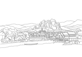 Fototapeta premium Pai (ปาย) in Thailand one line drawing style 