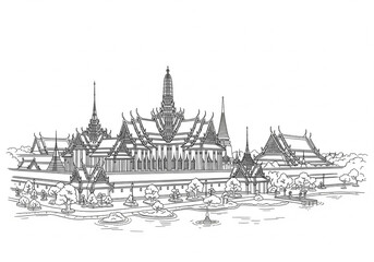 Fototapeta premium Wat Phra Kaeo (Temple of the Emerald Buddha) (วัดพระแก้ว) in Thailand one line drawing style 