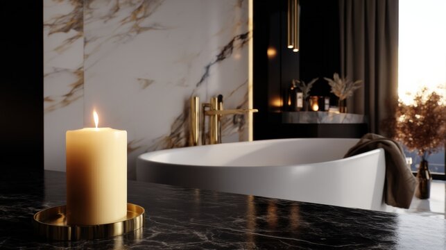 Elegant modern bathroom with a luxurious freestanding bathtub, marble wall, candlelit ambiance, and large window overlooking nature - Powered by Adobe
