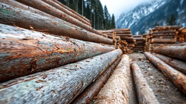 Logging timber wood company, log trunk pile, and wooden trunk pine. 