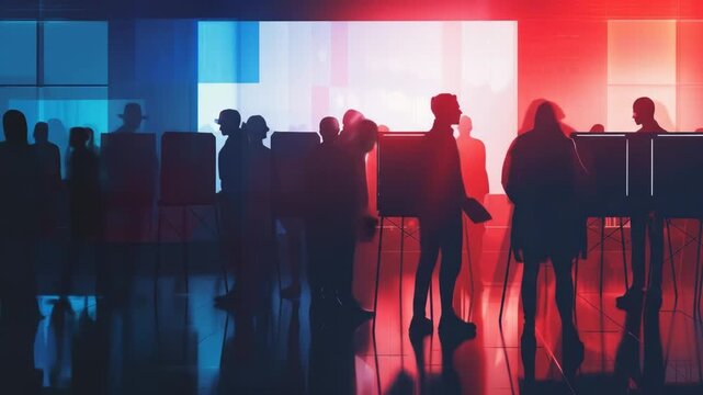 Silhouetted Voters Casting Ballots in Modern Election Center - Silhouetted figures cast their ballots in a brightly lit modern election center.