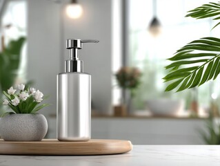 Aesthetic bottle design for skincare products modern kitchen setting product photography bright environment close-up view minimalist concept