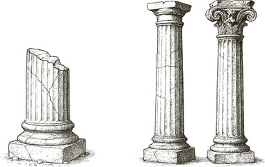 Hand Drawn Classical Columns Set. Realistic Sketch of Ancient Roman and Greek Architecture Elements, Pillars and Capitals in Ink Style.