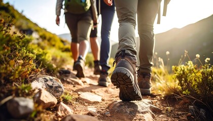Hikers on mountain trail at sunset.