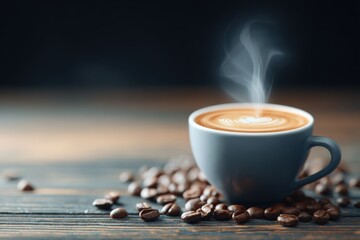 Close-up of a white ceramic coffee cup filled with frothy cappuccino on a rustic wooden table with scattered coffee beans and steam rising in warm ambient light
