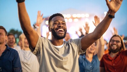 Happy African American man with raised arms cheering at a rock concert, conveying joy and excitement.