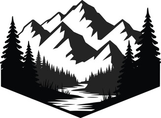 Fototapeta premium Black and white silhouette of Mountains and forest fir trees camping landscape.