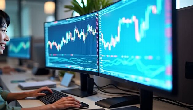 Multiple computer screens display dynamic financial charts and trading data in a contemporary office, with hands actively typing on a keyboard for market analysis.