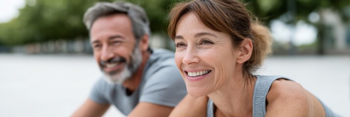 Middle aged sporty couple is smiling and relaxing outdoors after exercising together, enjoying their healthy lifestyle and the benefits of physical activity