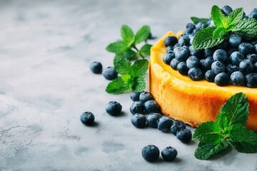 Blueberry cheesecake garnished with mint leaves on marble surface
