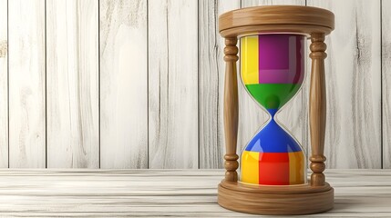 A wooden hourglass with colorful blocks on a white wooden surface against a wooden background