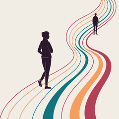 Dynamic silhouettes of people running on a track, road, and street illustrate the concept of sport and success