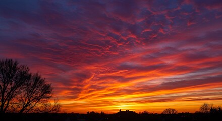 Fototapeta premium Vibrant Sunset with Dramatic Red and Orange Sky Over Silhouetted Trees