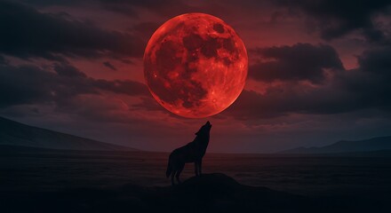 Howling Wolf Silhouetted Against a Blood Red Moon