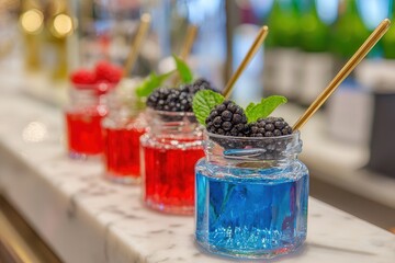 Colorful cocktails with berries in glass jars