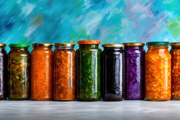 Colorful jars of assorted vegetables in vibrant background