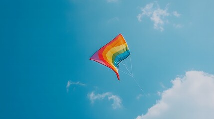 Rainbow colored kite soaring high against a bright blue sky with scattered white clouds visible