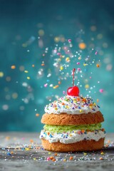 Miniature cake with sprinkles cherry captures festive celebration