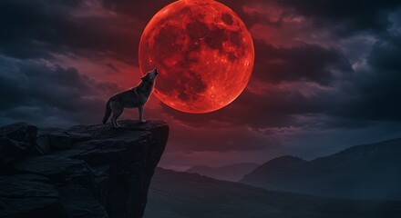 Silhouette of a wild wolf howling on a mountain ledge under a large, ominous red moon in a dark, cloudy sky. A mystical fantasy scene.