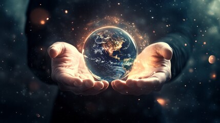 Open hands holding glowing rotating planet earth in space with north and south america continents facing the viewer symbolizing environmental protection