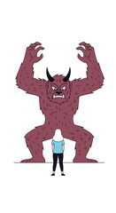 A towering furry monster with horns looming over a small human character in a stylized illustration