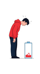 A young person feeling drained and exhausted with a nearly empty battery indicator symbol