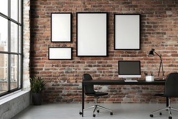 Home office setup with computer and blank frames on brick wall, modern workspace with desk and chair, mockup for creative design display