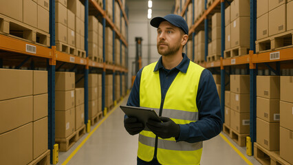 A young Caucasian man wearing a safety vest and cap stands in a warehouse aisle. He holds a tablet and looks thoughtfully at the shelves filled with boxes.