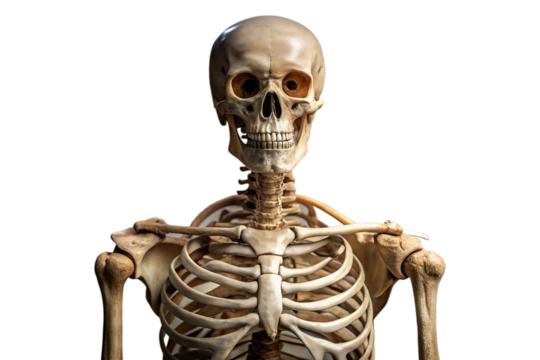 A detailed human skeleton stands isolated on transparent background, showcasing the intricate structure of bones and joints