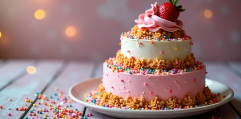 Three-tiered cake, vibrant sprinkles, rich frosting, tasty, vanilla