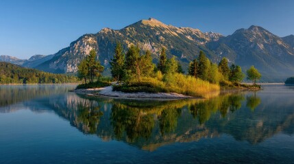 Serene mountain lake reflecting a tranquil island.