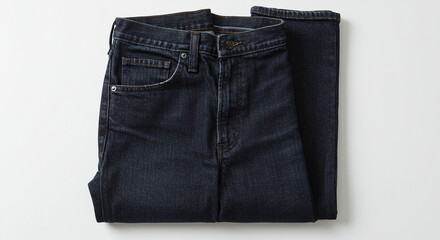 Dark Wash Denim Jeans Folded Neatly on White Background: High-Resolution Fashion Photography for E-commerce and Editorial Use. This image showcases a meticulously folded pair of dark wash denim je...