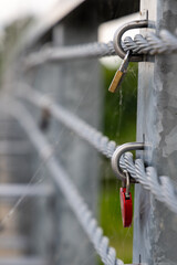  Old and rusty padlocks left by couples on a city bridge, fading yet enduring symbols of affection.