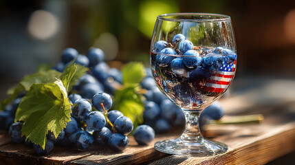 Independence day celebration. Fresh grape American flag wine glass outdoor wooden table summer celebration ,barbecue party outdoor, 4th of july gathering, family patriotic celebrating usa holiday