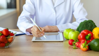 Nutritionist Using Digital Tablet with Fresh Produce