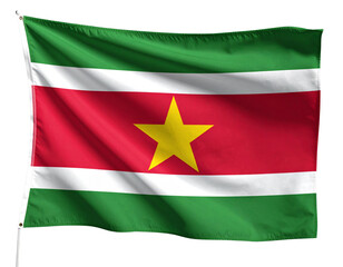 Obraz premium Waving Surinamese Flag with Central Yellow Star, Side-Angled View, Isolated PNG.