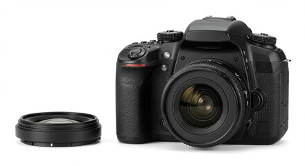 Professional DSLR Camera with Detachable Lens: High-Resolution Image for Stock Photography, Advertising, and Editorial Use.  This meticulously detailed studio shot showcases a sleek, black DSLR cam...
