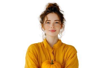 Woman in yellow shirt holding pumpkin isolated on transparent or white background, png