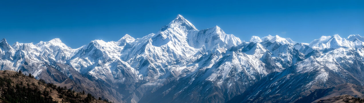 majestic himalayan mountain range with snow capped peaks and clear blue sky - scenic landscape graphy of the himalayas