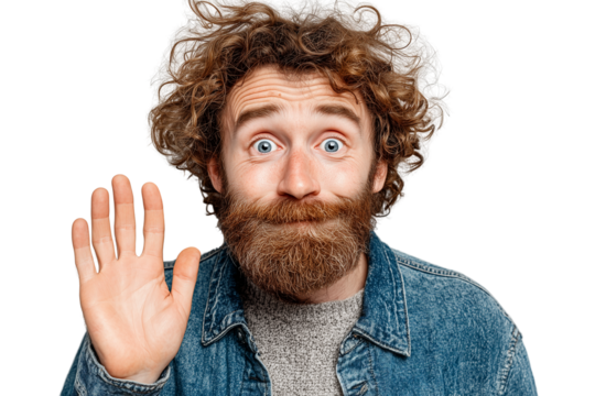Bearded man waving hello isolated on transparent or white background, png