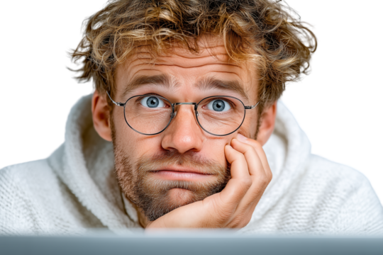 Man in glasses sad in front of laptop isolated on transparent or white background, png
