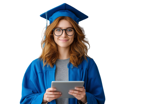 Graduate in blue hat holding tablet isolated on transparent or white background, png